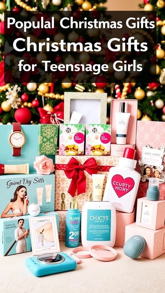 A collection of trendy Christmas gifts for teenage girls, featuring accessories, beauty items, and gadgets, set against a festive backdrop.